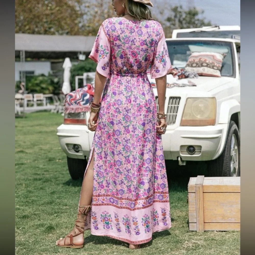 Boho floral print slit thigh drawstring waist maxi dress - Picture 3 of 6